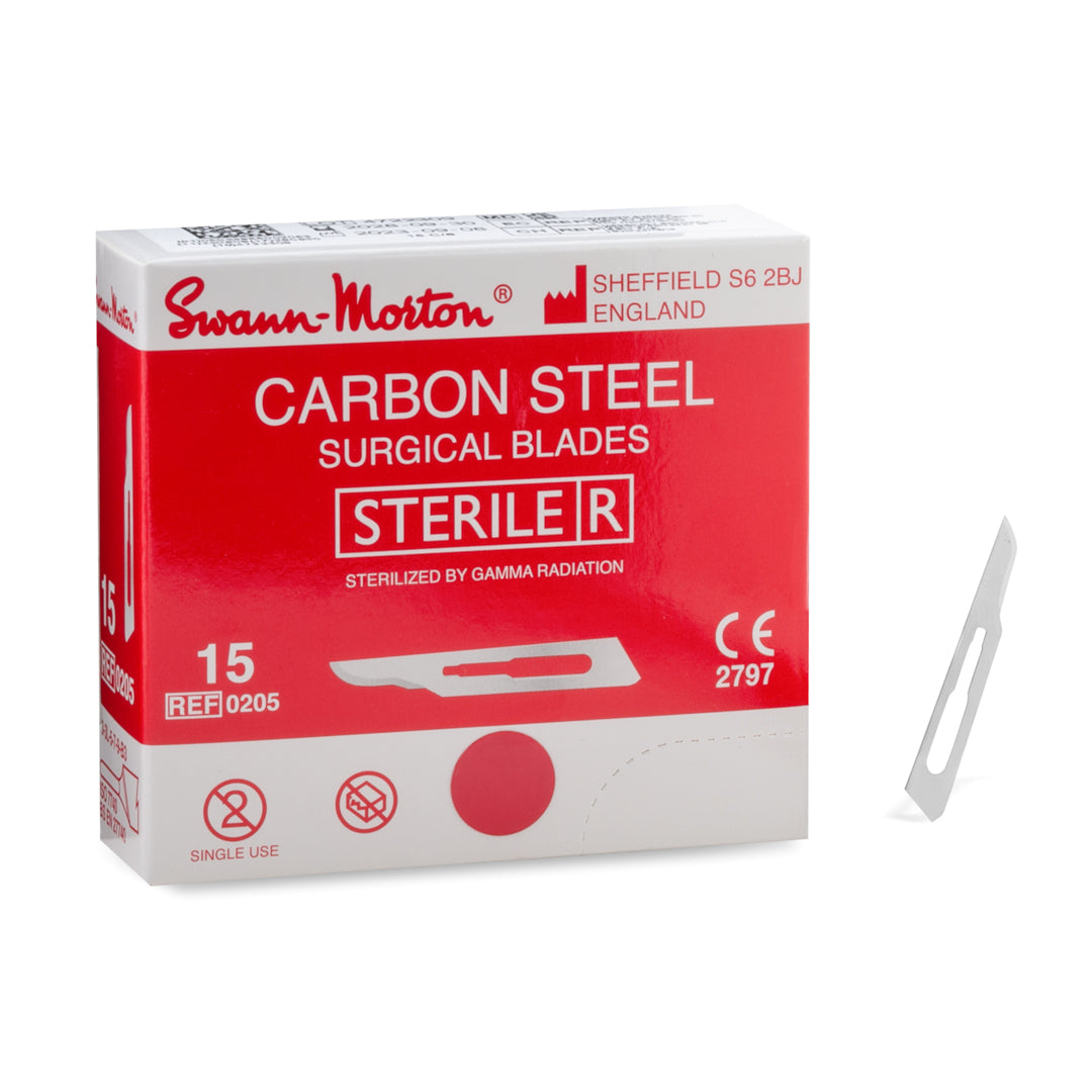 Swann-Morton #15 carbon steel surgical blade in sterile packaging, a small precision blade for fine incisions.