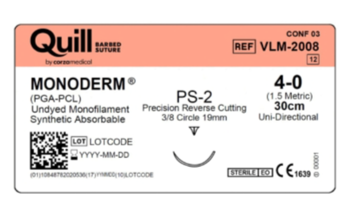 Box of 4-0 QUILL knotless barbed undyed suture, 30 cm with a PS-2 needle, reference VLM-2008.