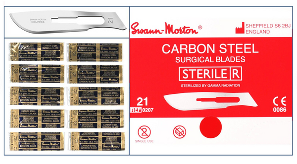 Box of 100 Swann-Morton #21 carbon steel surgical blades, sterile, for surgical incisions.