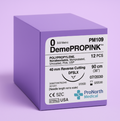 Box of size 0 DEMEPROPINK pink polypropylene non-absorbable suture, 90 cm, with a 40 mm needle, reference PM109, for veterinary use.