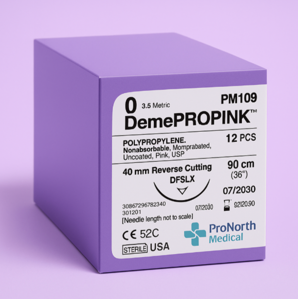 Box of size 0 DEMEPROPINK pink polypropylene non-absorbable suture, 90 cm, with a 40 mm needle, reference PM109, for veterinary use.