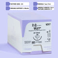 Photograph of the 2-0 VILET® Violet 30" Braided Suture with SH Needle (V317) packaging box, detailing the suture size, material, and length on the label, with specific indications for veterinary use, by Riverpoint Medical.
