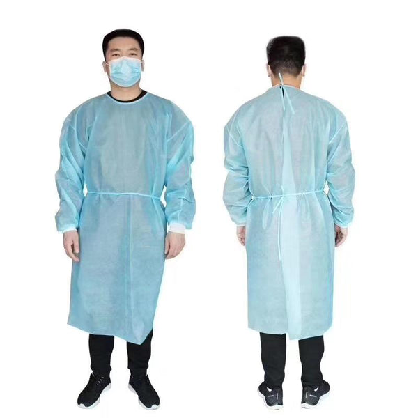 Level 1 isolation gown, pack of 10 — lightweight single-use protective gowns for clinical use.