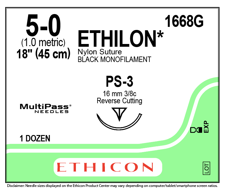 5-0 Ethilon Black Suture, 18" PS-3 Needle | 1668G