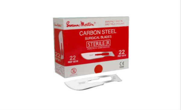 Swann-Morton #22 carbon steel surgical blade in sterile packaging, a large belly blade for surgical incisions.